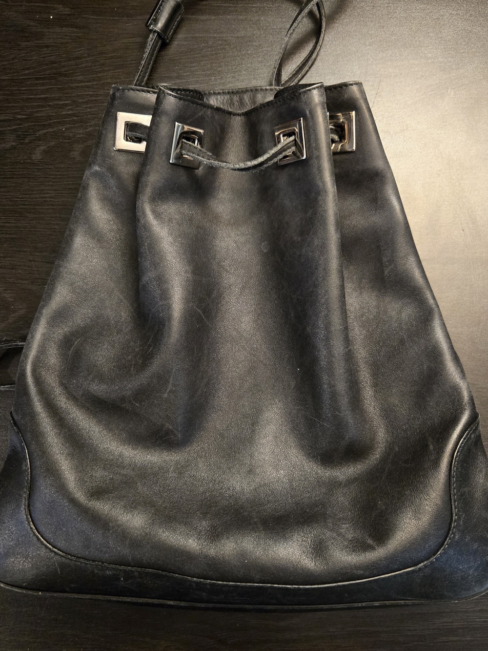 Gucci Black Leather Drawstring Backpack Pony-Style Calfskin